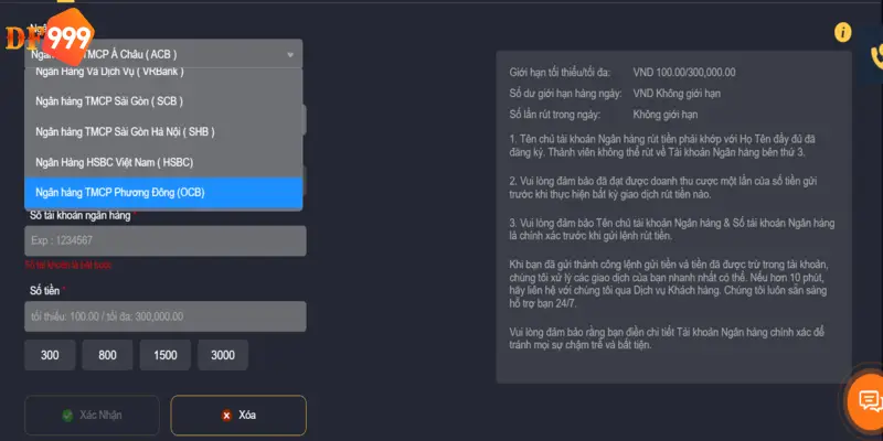 Thông tin tài khoản ngân hàng để rút tiền DF999 phải chính xác